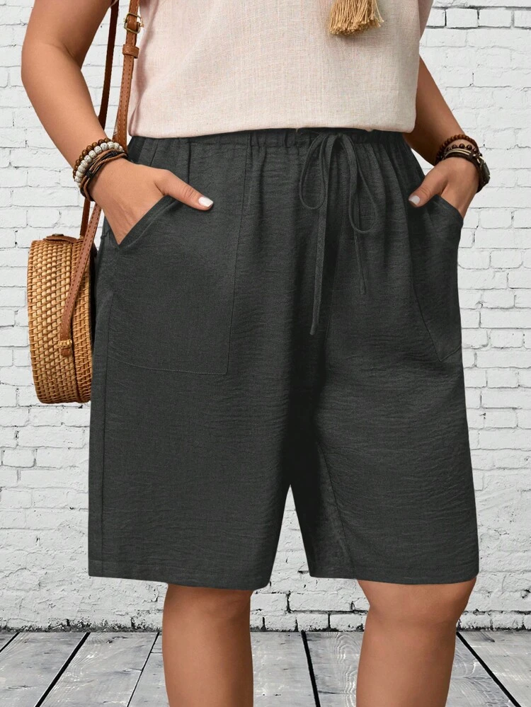 Plus Size Women Casual Solid Color Pocket Drawstring Shorts