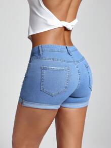 Jeanoix Ripped Roll Up Hem Denim Shorts - Light Wash - View 2