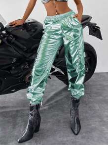 SHEIN Cottnline Women'S Solid Color Metallic Sheen Cargo Pants - Green - View 5