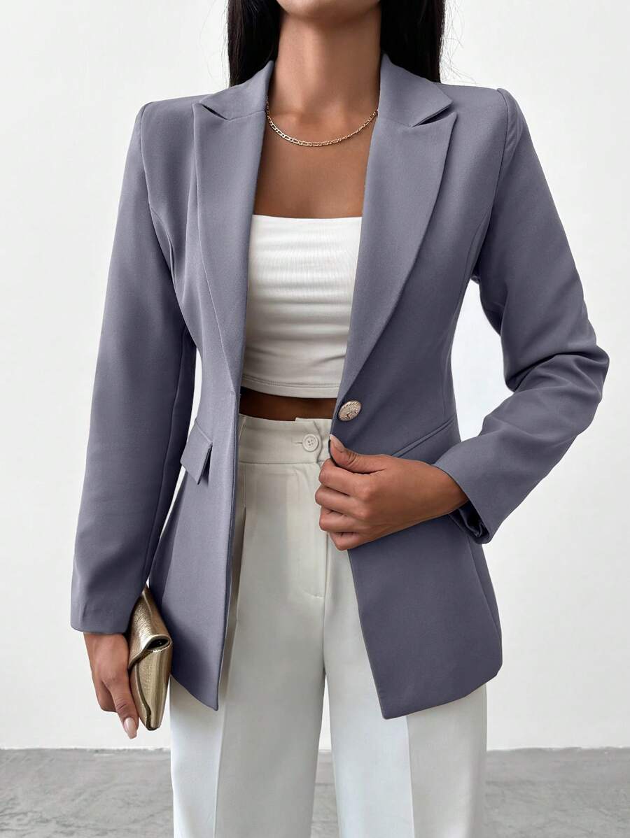 EURMUSE Women's Casual Solid Color Elastic Waist Blazer Jacket For Fall - Dark Grey - View 1