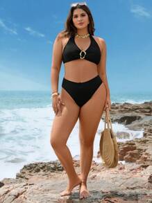 Swim Lushoire 加大码女式纯色不对称系带后背吊带比基尼上衣和三角泳裤两件套泳衣套装，适合海滩、泳池、度假