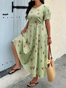 SHEIN Clasi 大码休闲度假风数码印花短袖连衣裙