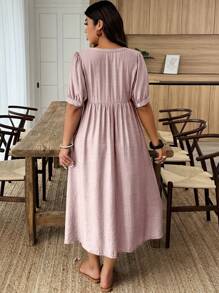 Weeklong Plus Size Women Solid Color V-Neck Puff Sleeve Mini Dress For Vacation - Mauve Purple - View 2