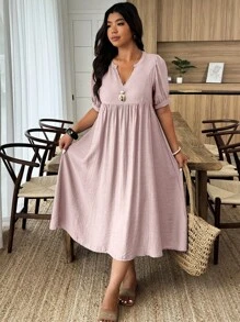 Weeklong Plus Size Women Solid Color V-Neck Puff Sleeve Mini Dress For Vacation - Mauve Purple - View 4