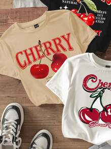 SHEIN EZwear 3 件套休闲简约樱桃印花圆领长袖短款紧身 T 恤女款夏季 - 彩色 - 查看 5