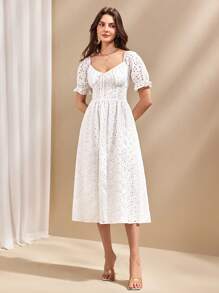 Almamuse Women's Elegant Embroidered Puff Sleeve Dress