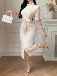 DAZY 女式蕾丝拼布直筒中长连衣裙（配腰带） - 杏色 - 查看 4