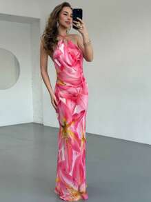 Aloruh New Chiffon Sexy Plunging Neck Lily Print Dress For Women, Great For Spring/Summer Vacations - Multicolor - View 2