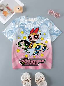 THE POWERPUFF GIRLS X SHEIN 青少年女孩夏季圆领短袖拼色舒适休闲卡通可爱图案T恤 - 白色 - 查看 5