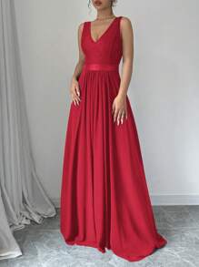 Elenzga Đầm dự tiệc Maxi không tay cổ chữ V, eo thắt eo, dáng chữ A thanh lịch và lãng mạn dành cho nữ - Đỏ - Xem 4