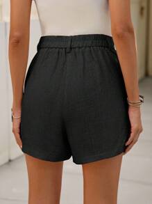 SHEIN Clasi Summer Holiday Casual Solid Color Linen Shorts - Black - View 2