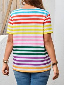 EMERY ROSE 加大码女式彩色条纹印花 V 领短袖 T 恤束腰上衣，外出上衣，休闲夏季，夏季，海滩，度假，骄傲，乡村音乐会，波西米亚风，度假，狂欢 - 彩色 - 查看 4