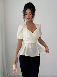 Elenzga 女士纯色休闲交叉甜心领腰带 A 字短袖衬衫，优雅法式浪漫风格，适合日常穿着、工作、度假、派对、春夏季 - 杏色 - 查看 5