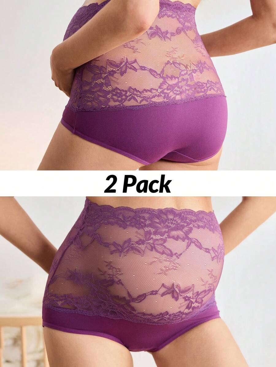 BloomMama Maternity Lace Patchwork High Waist High Elastic Comfy Briefs, Purple - Purple - View 1