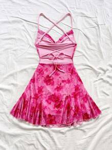 Soleia Váy mini dễ thương bằng vải voan thắt nơ hở lưng có dây đeo có thể điều chỉnh cỡ lớn dành cho nữ, họa tiết trơn màu, thích hợp cho kỳ nghỉ, bãi biển, hẹn hò, mua sắm, lãng mạn, phong cách Boho dành cho nữ - Nhiều màu - Xem 2