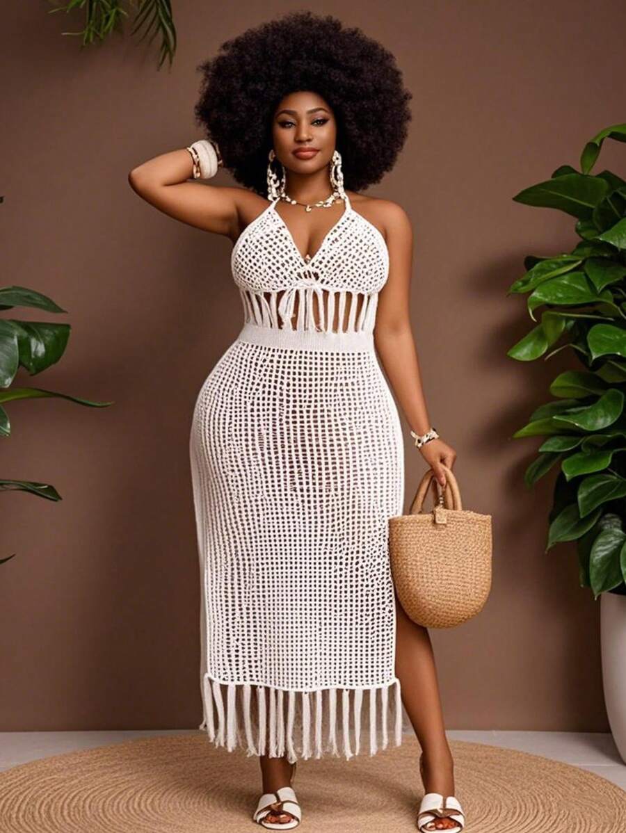 Slaydiva White Summer Boho Silky Beach Holiday Ladies Plus Size Knit 2-Piece Set,Halter Neck Backless Tie-Up Knitted Top&Long Fringe High Slit Maxi Skirt - White - View 1