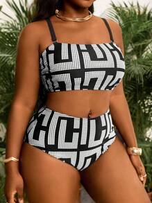 Slaydiva Plus Size Women Geometric Print Bandeau Top With High Waist 2 PiecesPant Set, Summer Beach Holiday,Vacation Outfits Woman - Black and White - View 3