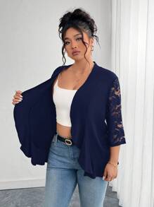 SHEIN Clasi Chaqueta de verano regular para mujer de talla grande, elegante abrigo negro con parches de encaje - Azul Marino - Ver 4