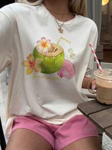 SHEIN EZwear 超大号粉色贝壳、树叶和花朵图案圆领短袖宽松女士 T 恤，休闲度假套头衫