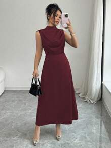 Elenzga Women's Elegant Green Collared Ruched Waist Sleeveless A-Line Dress, Spring/Summer - Red - View 4
