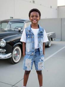 SHEIN Explorewe Young Boys Denim Two Pieces Outfits - Medium Wash - View 1