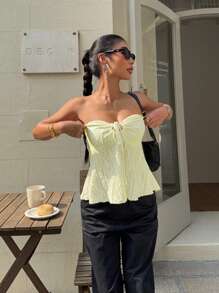 Siren Gaze Women's Solid Color Cold Shoulder Tie-Front Ruffled Textured Top Summer