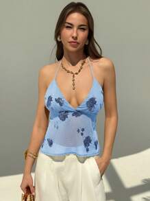 Aloruh New Deep V Lace-Up Shimmery Sequined Backless Sexy Romantic Vacation Women Tank Top