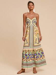 Travachic 女式露背镂空植物印花沙滩吊带裙，不对称前开叉短款 - 彩色 - 查看 3