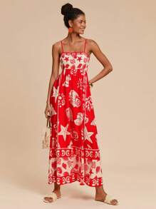 Travachic 度假休闲海洋生物印花高腰 A 字形吊带背心太阳裙