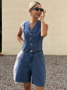 Livesso Conjunto feminino de blusa sem mangas e shorts soltos em algodão jeans - Azul - Ver 6