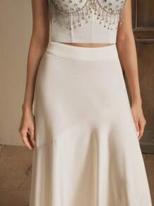 Anewsta Navy Blue Maxi A-Line Casual Skirt With Elegant Flared Hem, Versatile And Slimming - Apricot - View 2