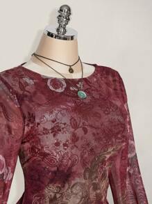 SHEIN ICON 大码女装秋季连衣裙，女士长袖连衣裙，Y2k 复古佩斯利网眼喇叭袖性感节日连衣裙，适合日常穿着 - 彩色 - 查看 6