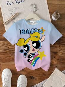 THE POWERPUFF GIRLS X SHEIN Tween Girls' Casual Cartoon & Letter Print Ombre Short Sleeve T-Shirt, Summer