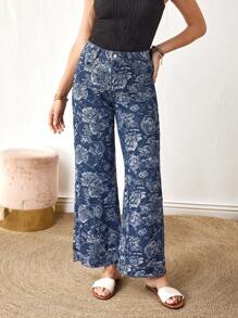 EMERY ROSE Women's Casual Street Fashion All-Over Floral Print Flared Jeans - Blue - View 3