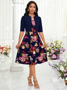 SHEIN Lady Spring And Summer Romantic Bright Colors Light Mature Temperament Elegant Long Skirt And Short Jacket Two Pieces Set - Navy Blue - View 5