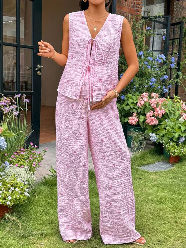 SHEIN 2pcs/Set Maternity Pink Striped Bow Print Blouse And Pants Suit Old Money Streetwear Women Going Out Vacation Maternity Sets Summer Pink Maternity Set  Fall Women Clothes Party Outfit
