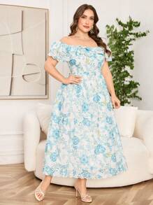 Modelyn Váy chữ A trễ vai tay bèo nhún thêu & in thanh lịch cỡ lớn, dáng thường cho mùa xuân và mùa hè - Nhiều màu - Xem 3