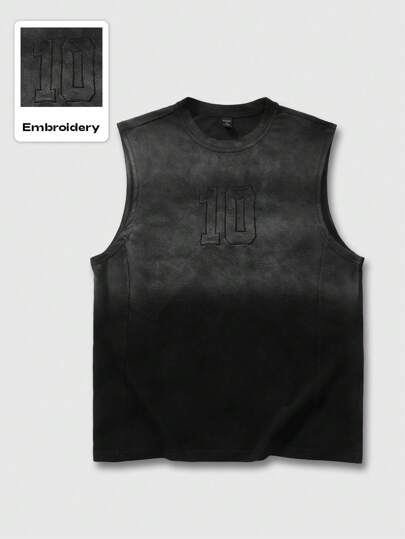Street Life Unisex Street American Patchwork Numeric Embroidery Gradient Dip-Dyed Tank Top