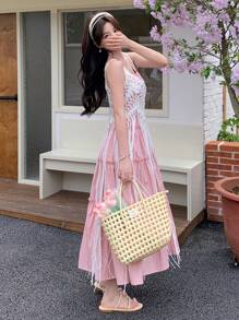 DAZY 2 件女士夏季度假休闲吊带背心和流苏短裤套装 - 粉色 - 查看 4