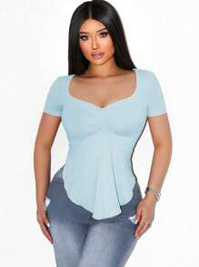 Sirith Foxxy 女式简约纯色休闲方领不对称下摆长袖T恤