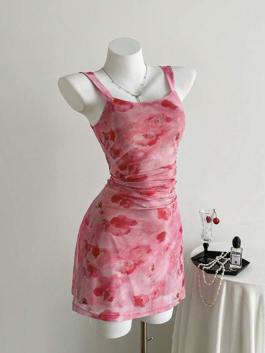 Chiquease Women Floral Print Mesh Patchwork Spaghetti Strap Mini Dress