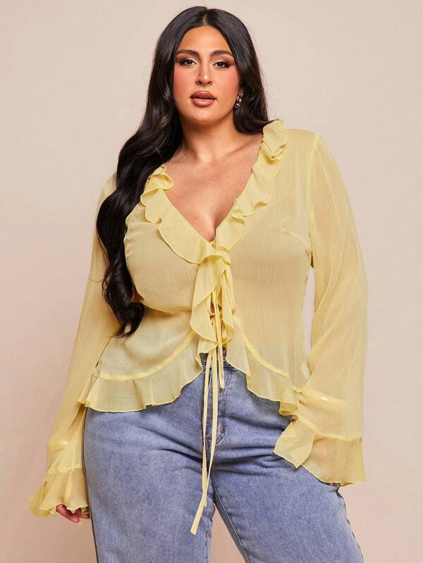 SHEIN BAE Plus Size Women's Elegant Chiffon Blouse With Ruffle Trim, Suitable For Spring, Vacation, Party, Date