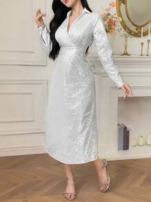 DAZY Elegantes Midikleid mit Pailletten-Twist-Vorderseite für Frauen, Langarm-Kleid für den Herbst, Luxus-Abendkleid für den Abiball, Silvester-Kleid, funkelndes Kleid - Silber - Übersicht 4