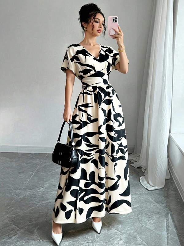 Elenzga V-Neck Floral Cinched Waist Flattering Floral Print Long Dress For Women For Spring/Summer, Elegant For Spring/Summer/Fall/Winter Season, Concert Women's Clothing, Elegant, Evening Gowns, Suitable For Everyday, Commute, Wedding Season/Music Festival