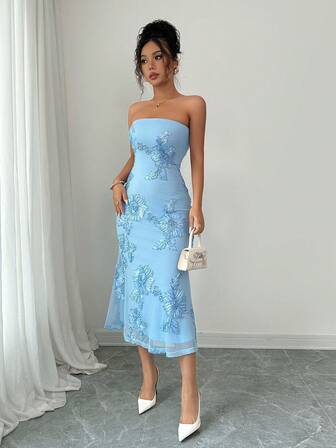 Rafferiza Ärmlös klänning i mesh med 3D-blommig dekor för kvinnor i semesterstil