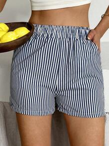 Shorts alti a vita alta a righe da donna per vacanze estive in spiaggia, stile casual per vacanze in spiaggia