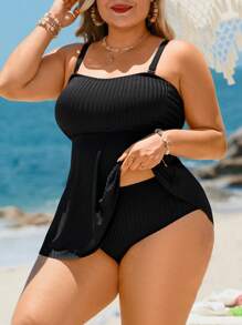 SHEIN Swim Curve Traje de baño de dos piezas tipo bandeau para mujer de talla grande, vestido ajustado y estilizador