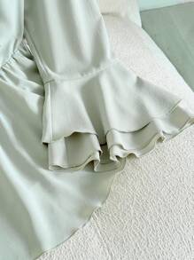 Modelyn Plus Size Women's Spring Solid Color Square Neck Flare Sleeve Ruffle Trim Peplum Top - Green - View 4