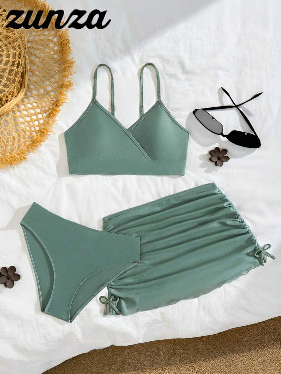 SHEIN 少女比基尼套装时尚休闲优雅绿色针织比基尼三件套无袖口绿色网眼蝴蝶结裙薄款设计适合暑假游泳