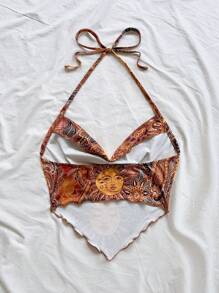 Soleia Women's Retro Paisley Retro Print Draped Neck Blouse, Suitable For Holiday, Date, Afternoon Tea, Beach, Cruise, Road Trip, Music Festival, Boho Vacation Beachwear Top - Brown - View 2